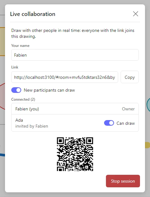 Dialog of the owner: link, participants with their rights and QR code