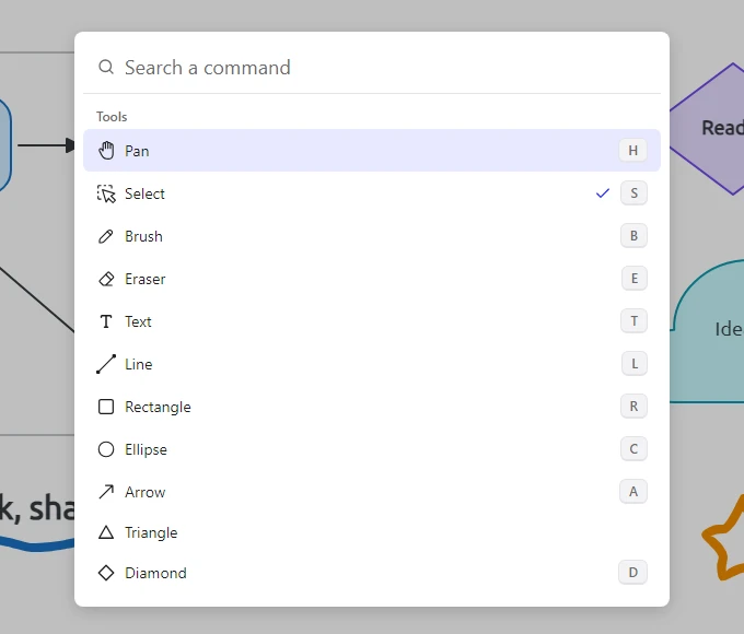 Command palette listing the tools and commands