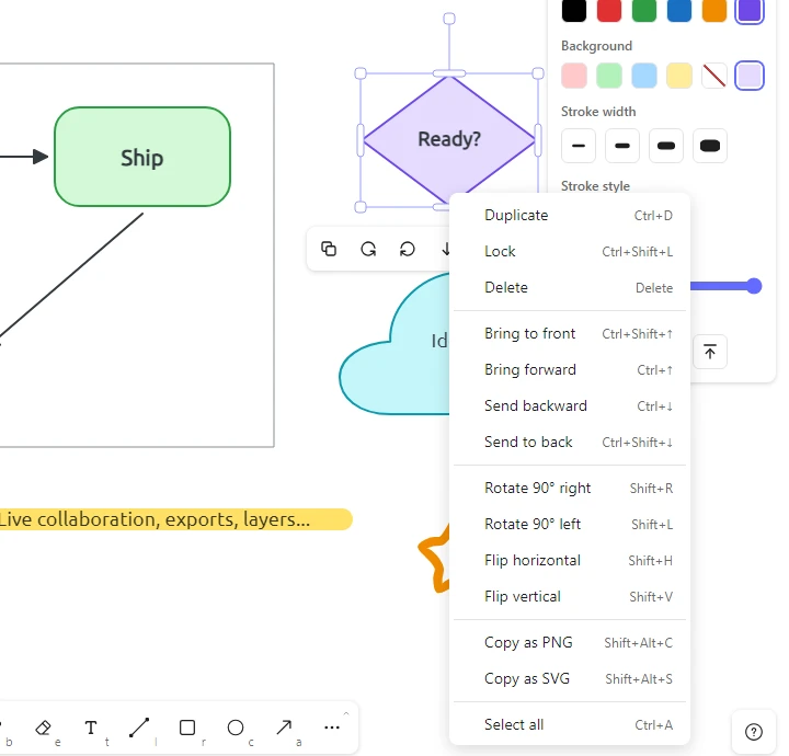 Context menu of a shape: each action with its shortcut